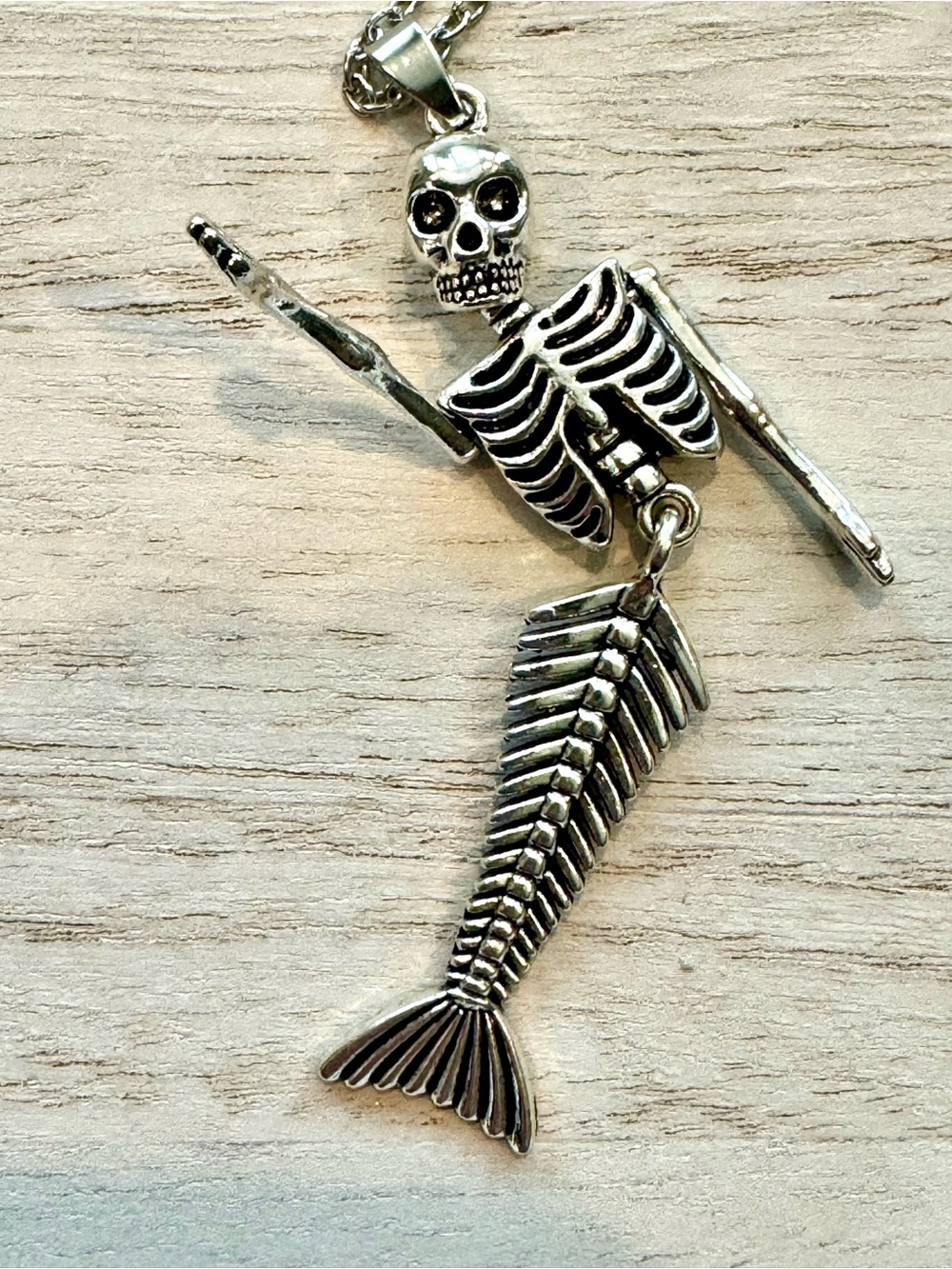 Silver Skeleton Mermaid articulating  Pendant Necklace  Skelton 3” chain 20”